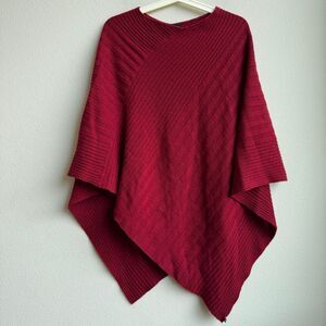 Beryll Women's 100% Cashmere Poncho O/S Red Ribbed Sweater Luxury Boho Preppy